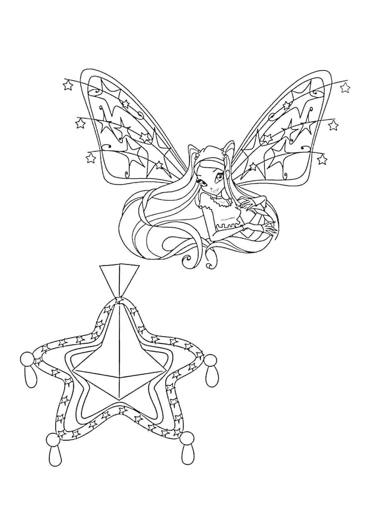 На раскраске изображено: Энчантикс, Блум, Крылья, Гирлянда, Фея, Винкс, Магия