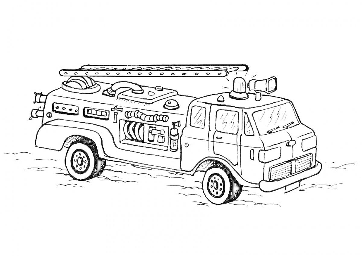 На раскраске изображено: Пожарная машина, Пожарный автомобиль, Лестница, Сирена, Пожарное оборудование, Транспорт