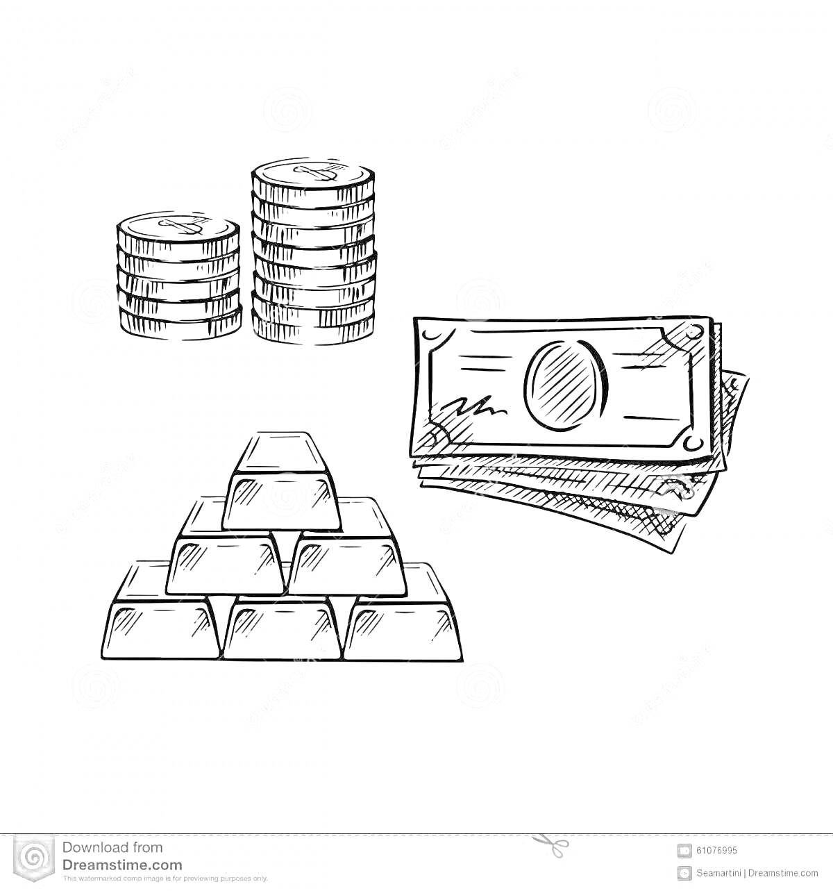На раскраске изображено: Золото, Слитки, Монеты, Деньги, Богатство, Финансы