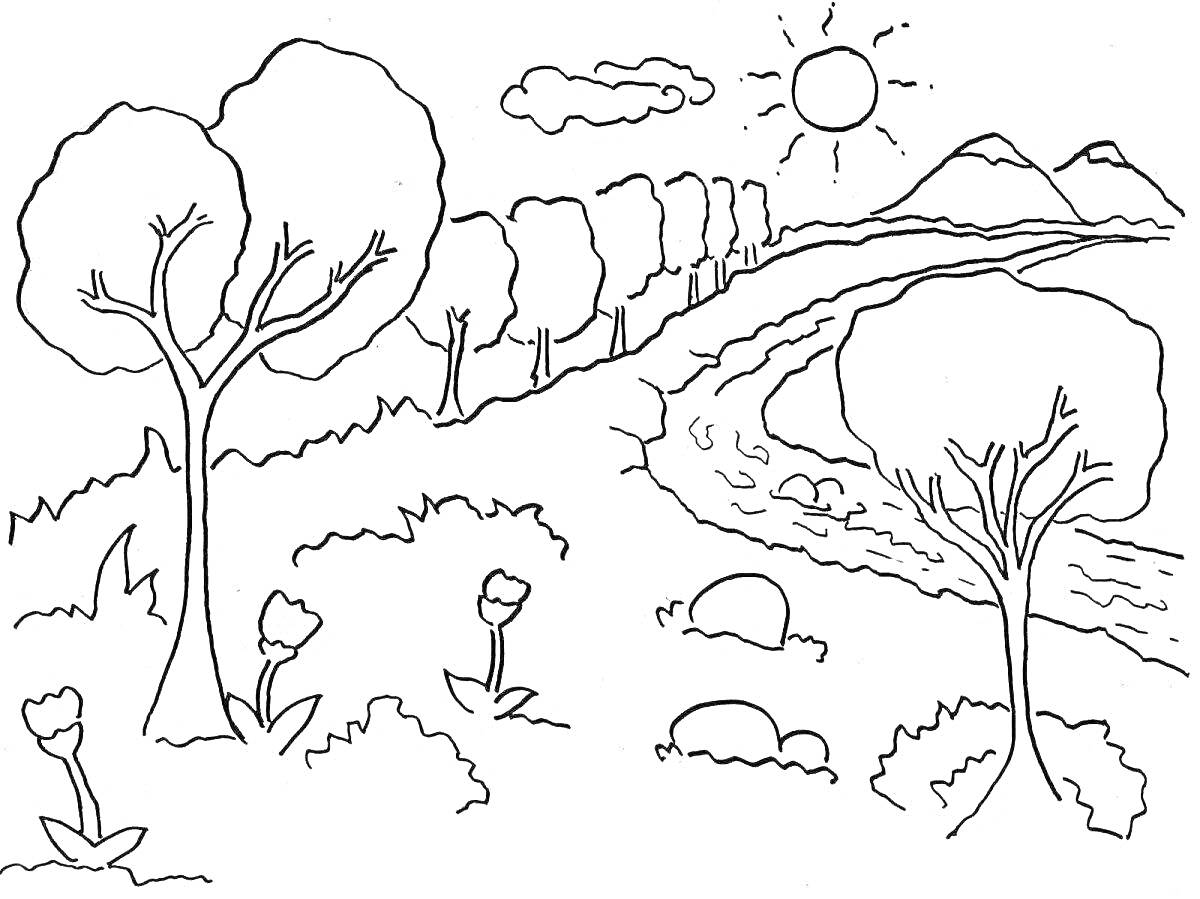 Раскраска Пейзаж с деревьями, рекой, цветами, горами и солнцем