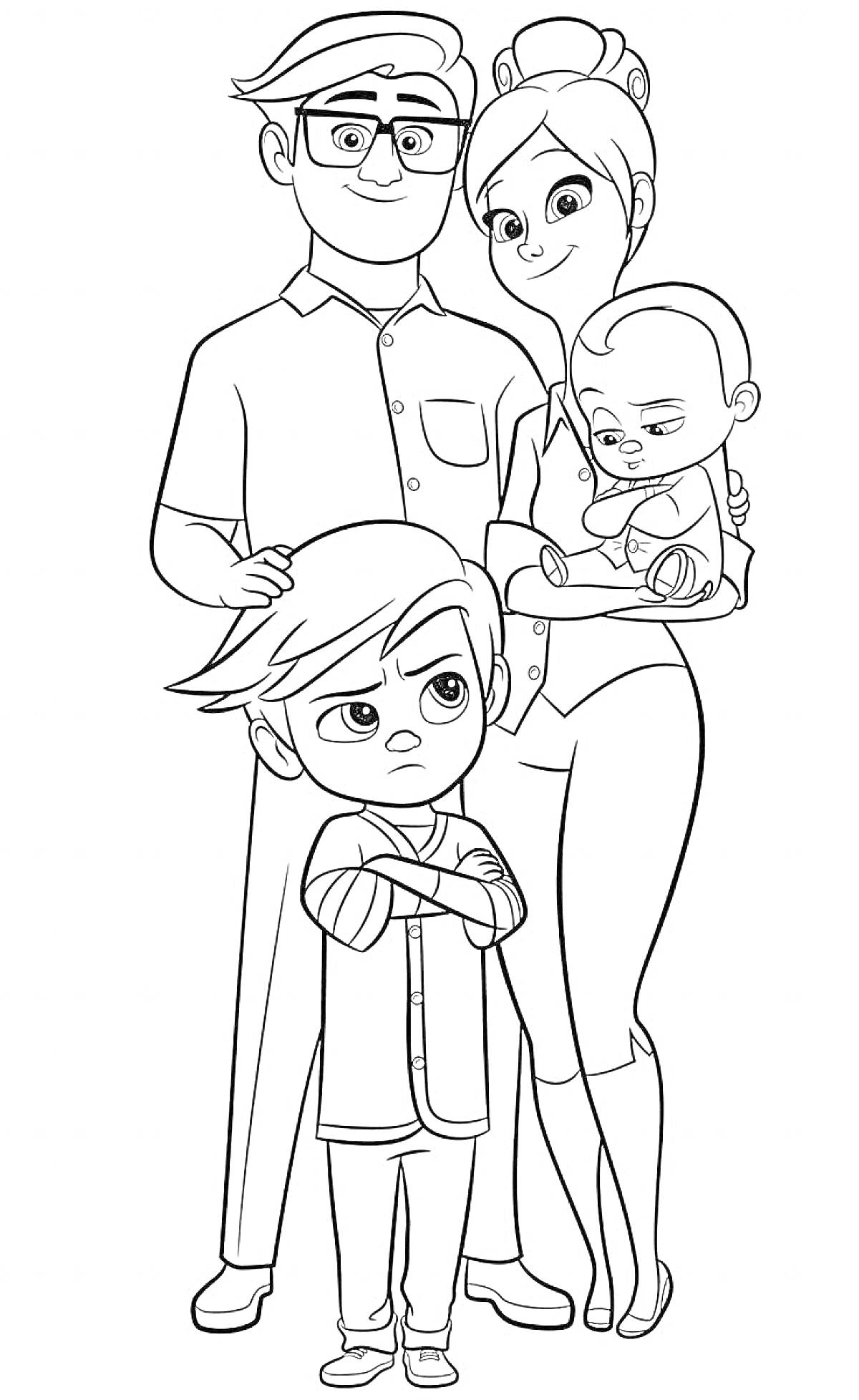 Раскраска Семья с боссом молокососом, взрослый мужчина и женщина, мальчик и младенец