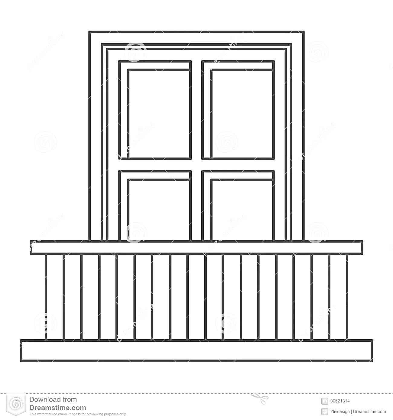 Раскраска Балкон с окном и вертикальными балясинами