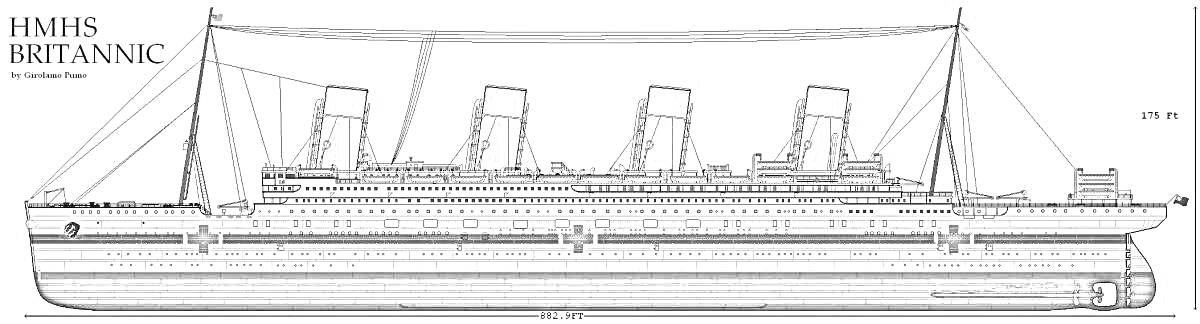Раскраска HMHS Britannic с деталями корабля, включая четыре трубы, мачты и корпус