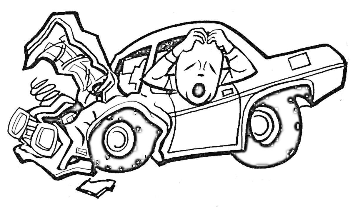 Раскраска Человек в шоке рядом с поврежденной машиной после аварии
