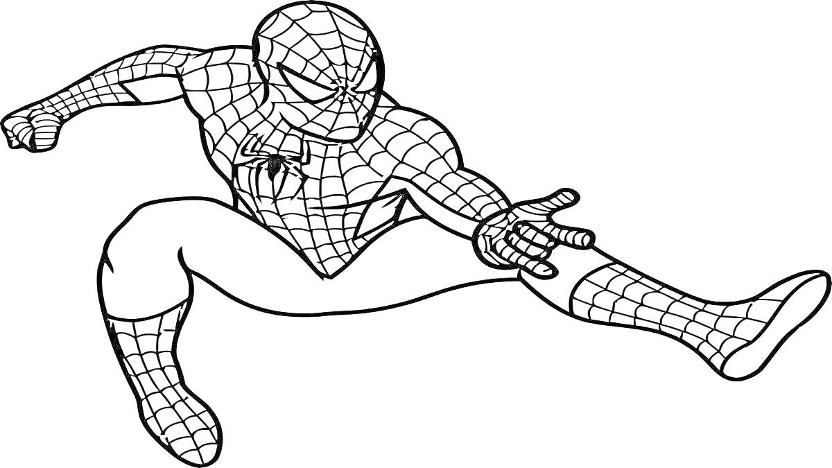 Раскраска Человек-паук в прыжке с вытянутой рукой, сетчатый костюм, паутина на костюме