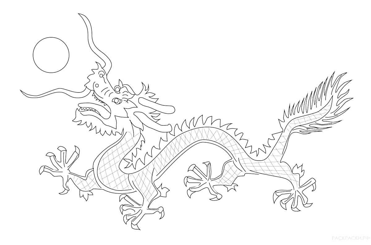 На раскраске изображено: Китайский дракон, Дракон, Фэнтези, Легенда, Восточный стиль, Огонь, Солнце, Луна, Мифические существа
