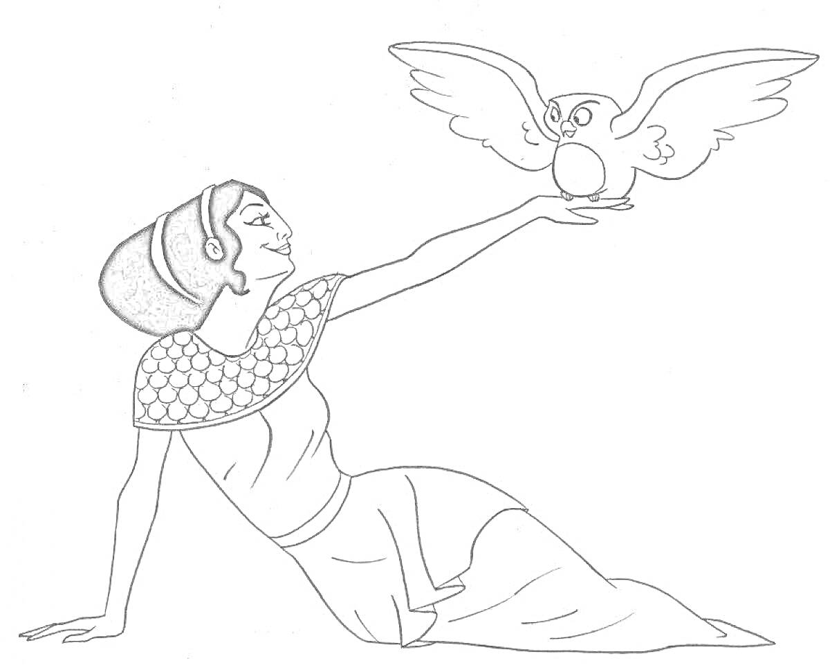 Раскраска Женщина в древнегреческом одеянии с совой на руке