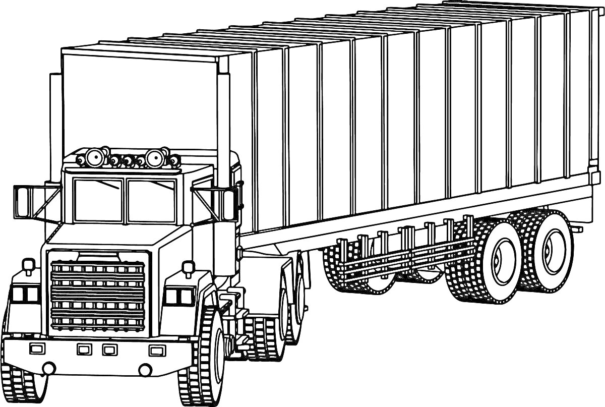 Раскраска Грузовик с полуприцепом, високий кузов, передние и задние колеса, зеркала, фары, бампер