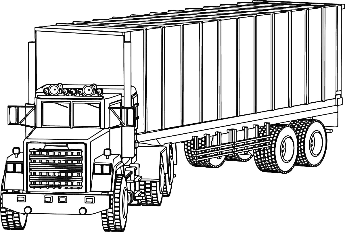 Грузовик с полуприцепом, високий кузов, передние и задние колеса, зеркала, фары, бампер