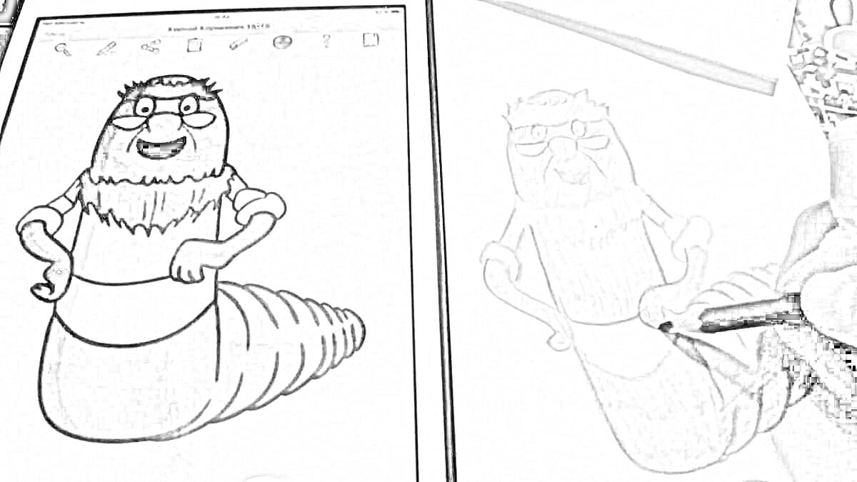 Раскраска Корней Корнеевич из мультфильма, персонаж с усами и хвостом, покраска и контур на бумаге