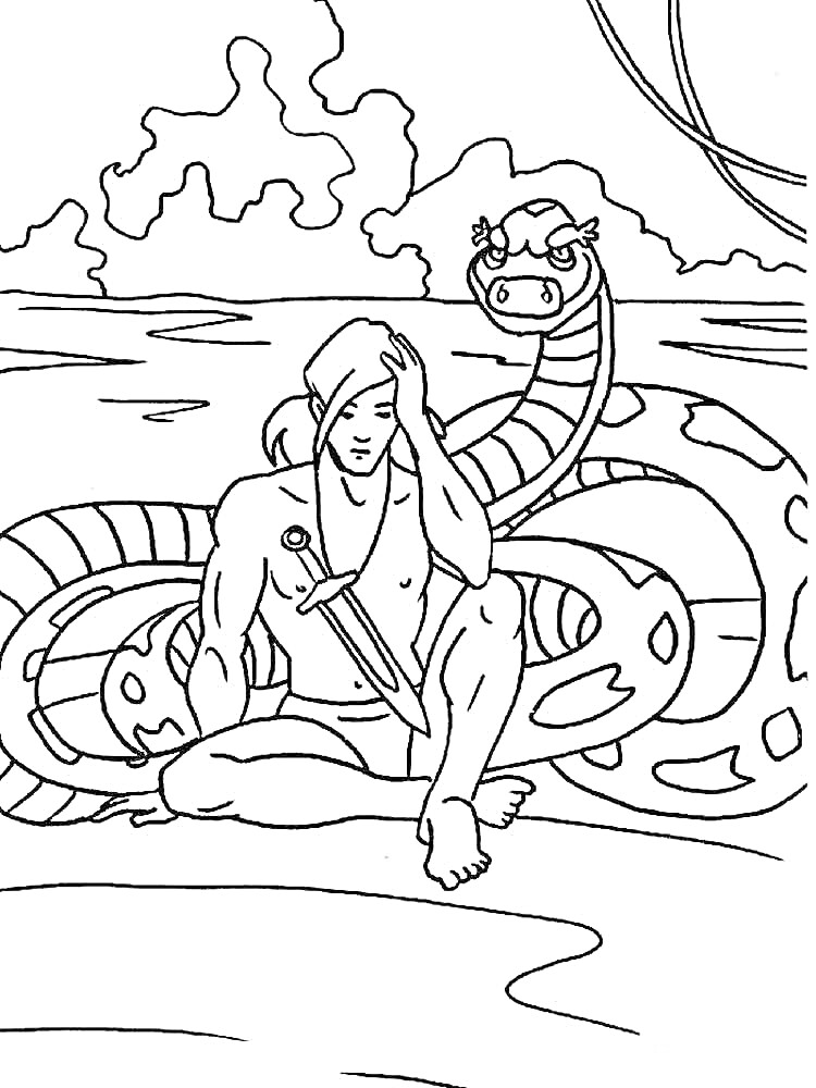 Раскраска Маугли с мечом и змеей на берегу реки