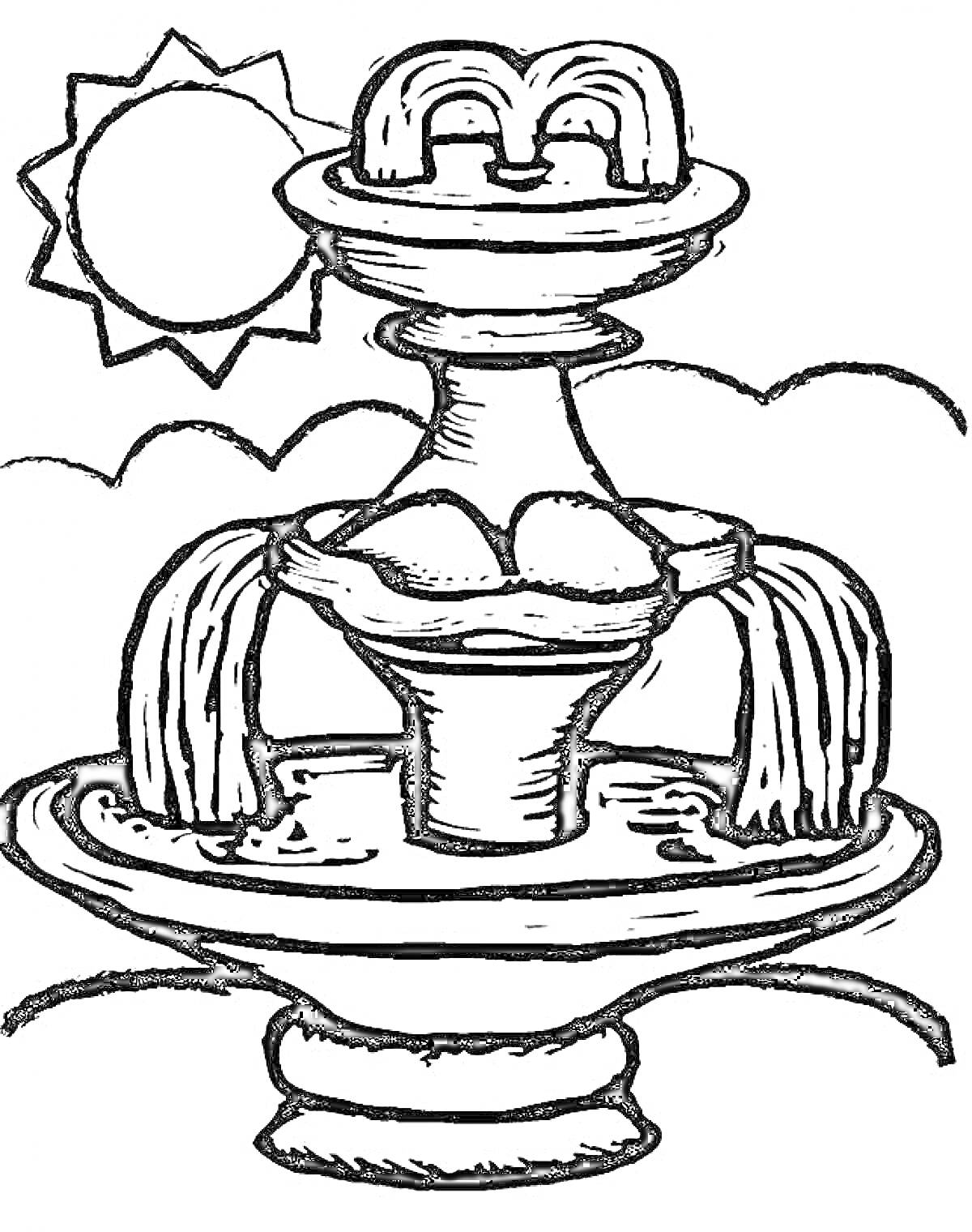 Раскраска Солнечный день возле фонтана с тремя чашами, водой и струями