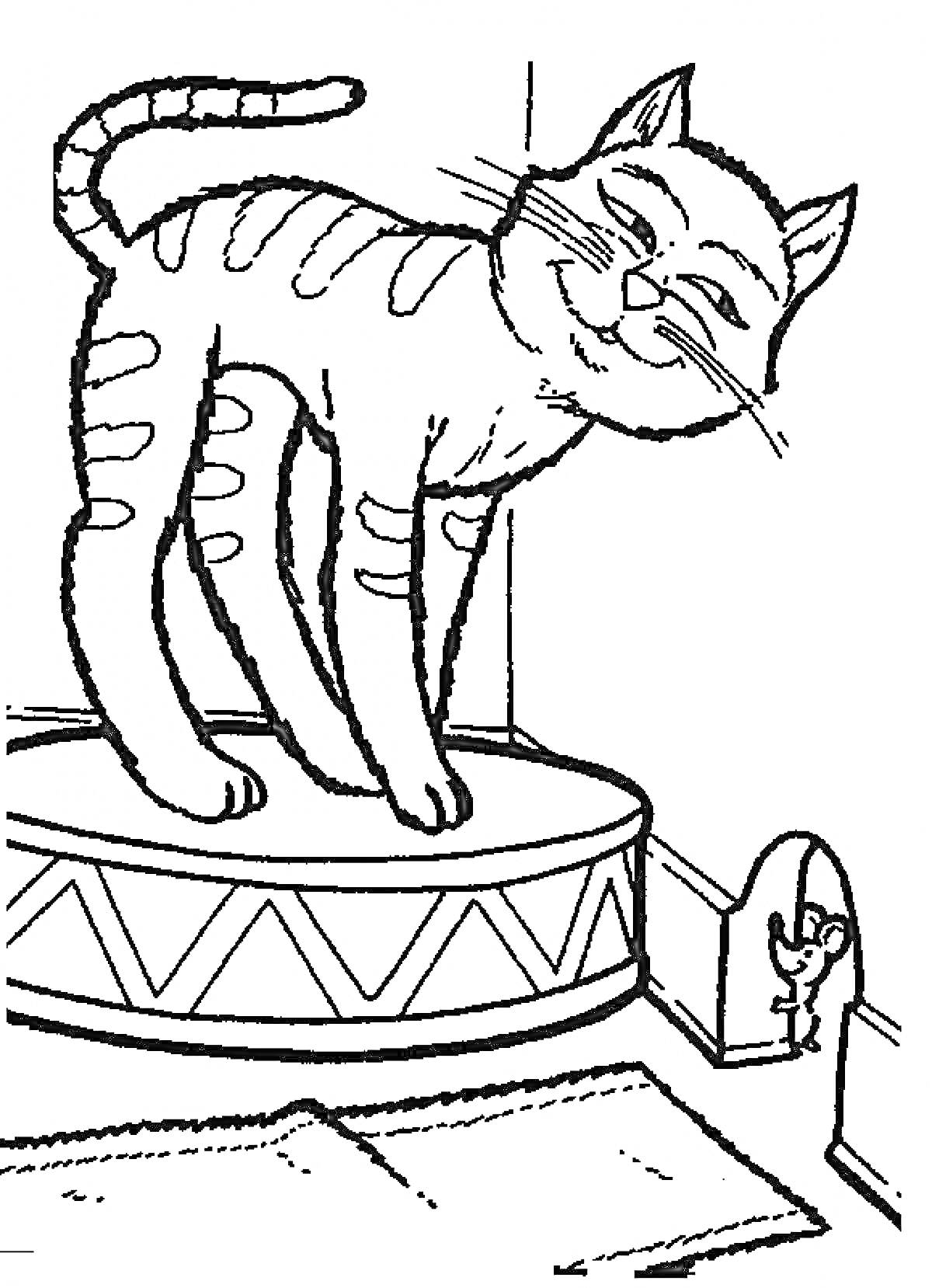 Раскраска Кошка на табурете с мышкой в норке