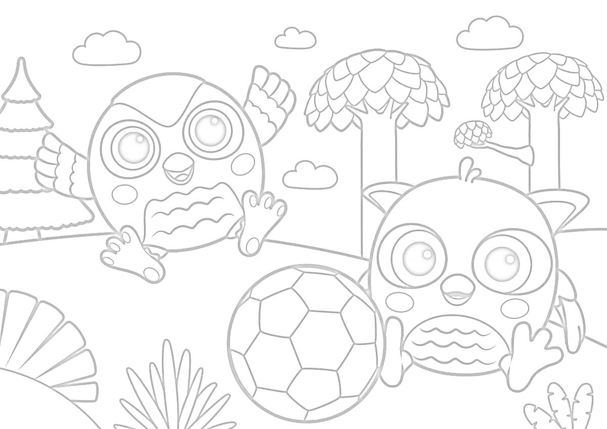 Раскраска Два совенка с футбольным мячом на природе, среди деревьев и облаков