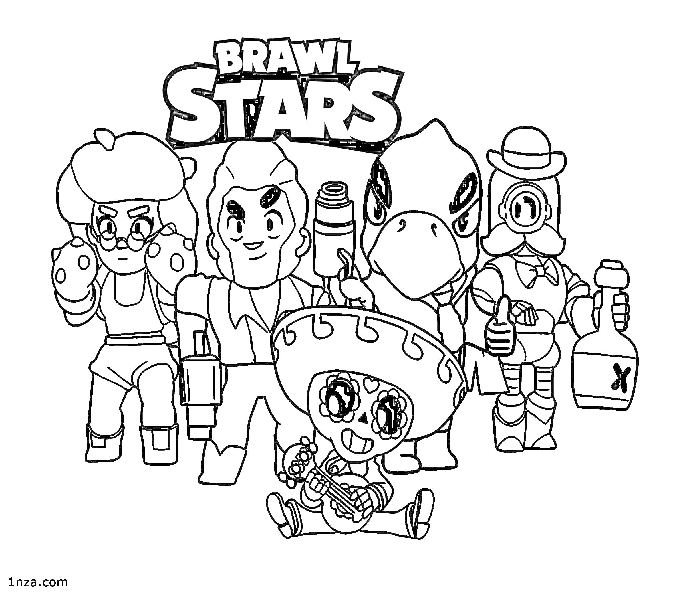 Раскраска Brawl Stars антистресс раскраска - пять персонажей, включая одного с сомбреро, одного с бутылкой, одного в маске, и название игры наверху