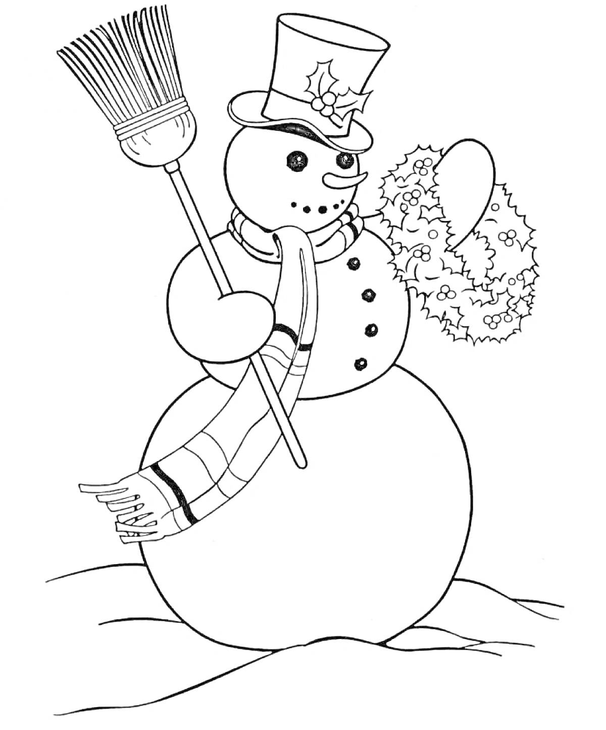 На раскраске изображено: Снеговик, Метла, Шляпа, Нос-морковка, Пуговицы, Шарф, Рождественский венок, Зима, Снег