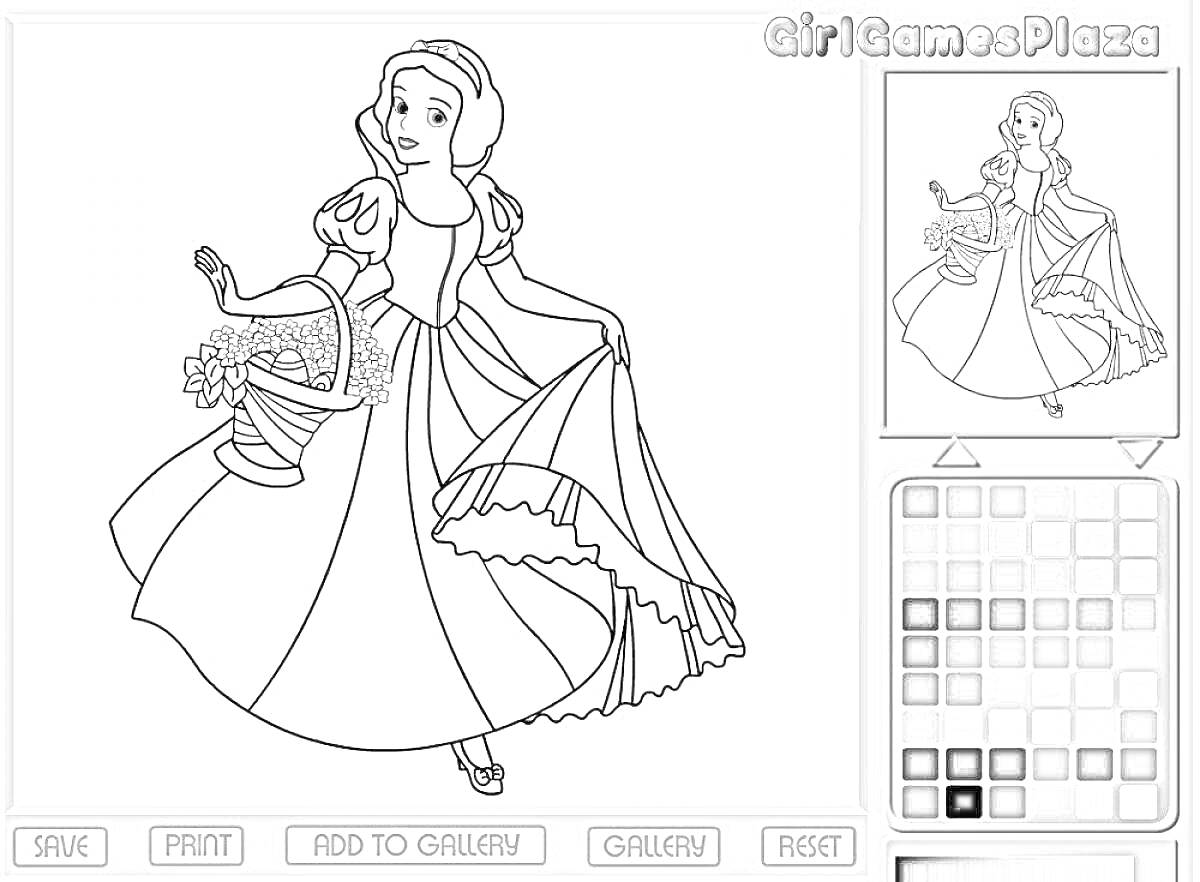 На раскраске изображено: Пышное платье, Корзина с цветами, Цветы, Принцесса