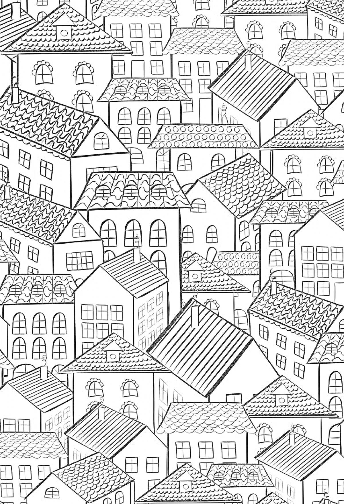 Раскраска Городские дома с разнообразными крышами и окнами