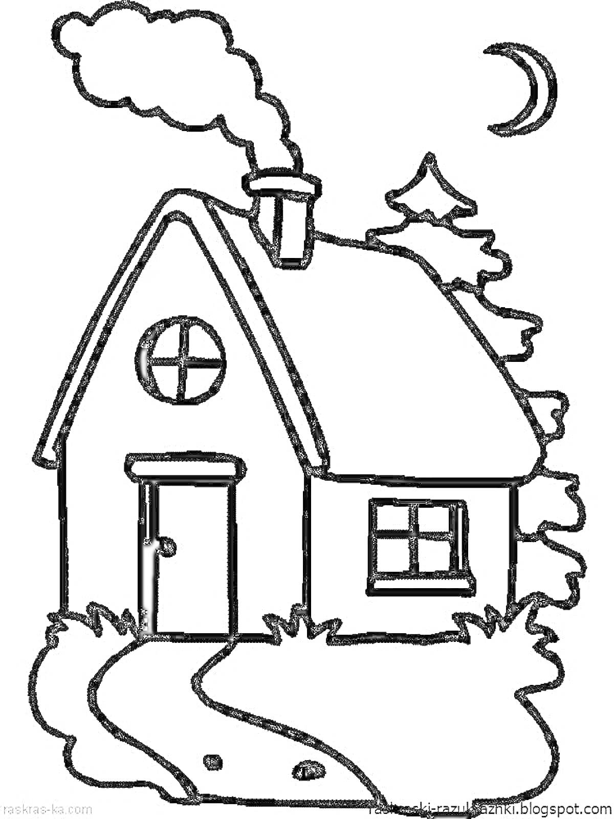 На раскраске изображено: Дом, Труба, Дверь, Луна, Путь, Облака, Ночь, Для малышей, Окна, Деревья