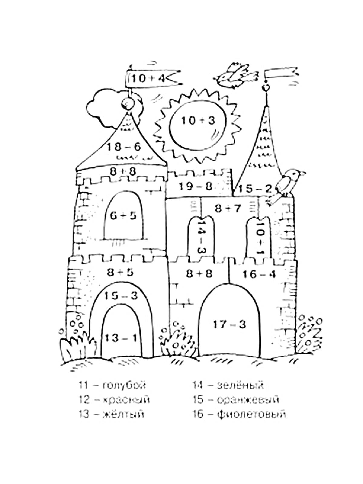 На раскраске изображено: Замок, Математика, Выражения, Арифметика, Окна, Ворота, Флаг, Кусты, Солнце, Птица