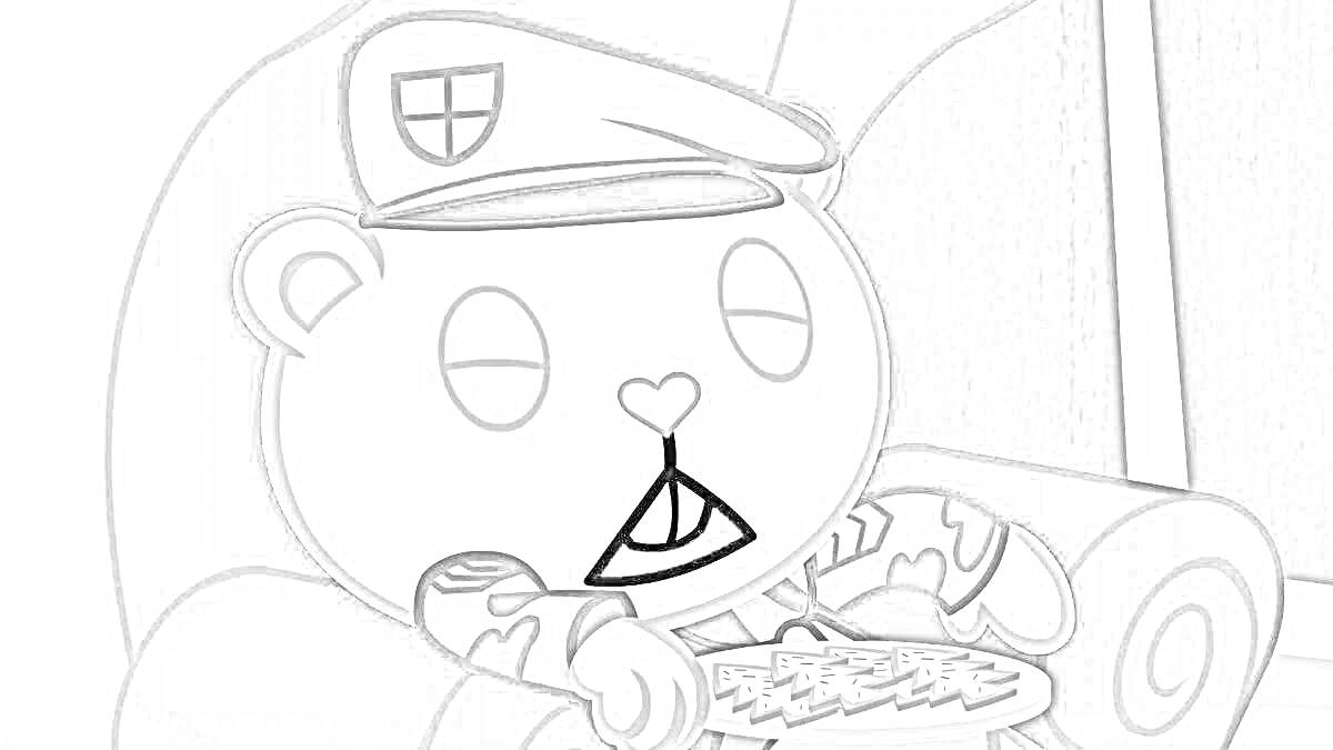 Раскраска мультяшный персонаж в военной форме кушает крекеры на диване