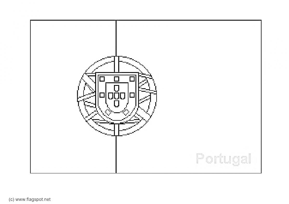 Раскраска Раскраска - флаг Португалии с изображением герба и надписью 