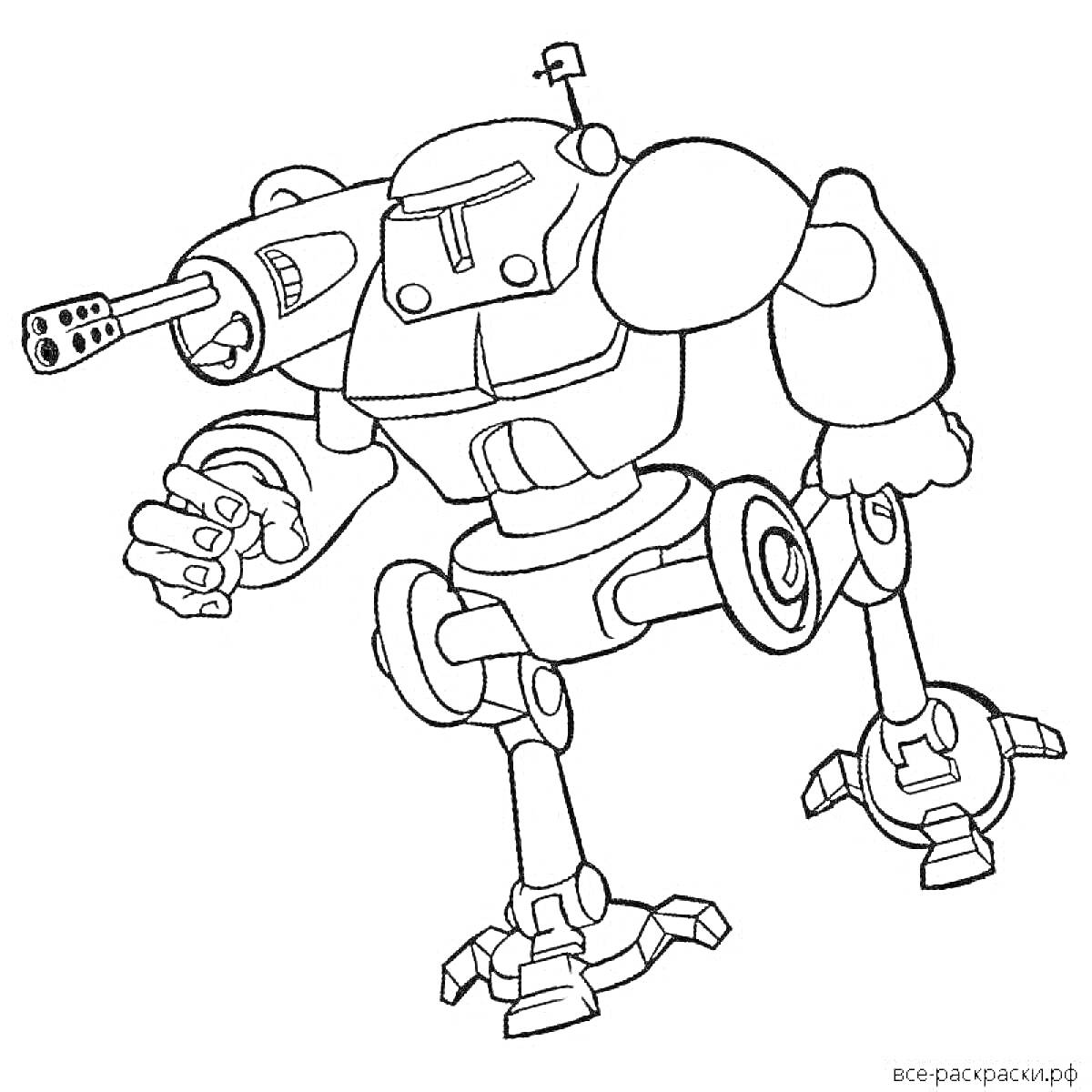 На раскраске изображено: Тобот, Робот, Боевой робот, Вооружение, Механика, Для детей