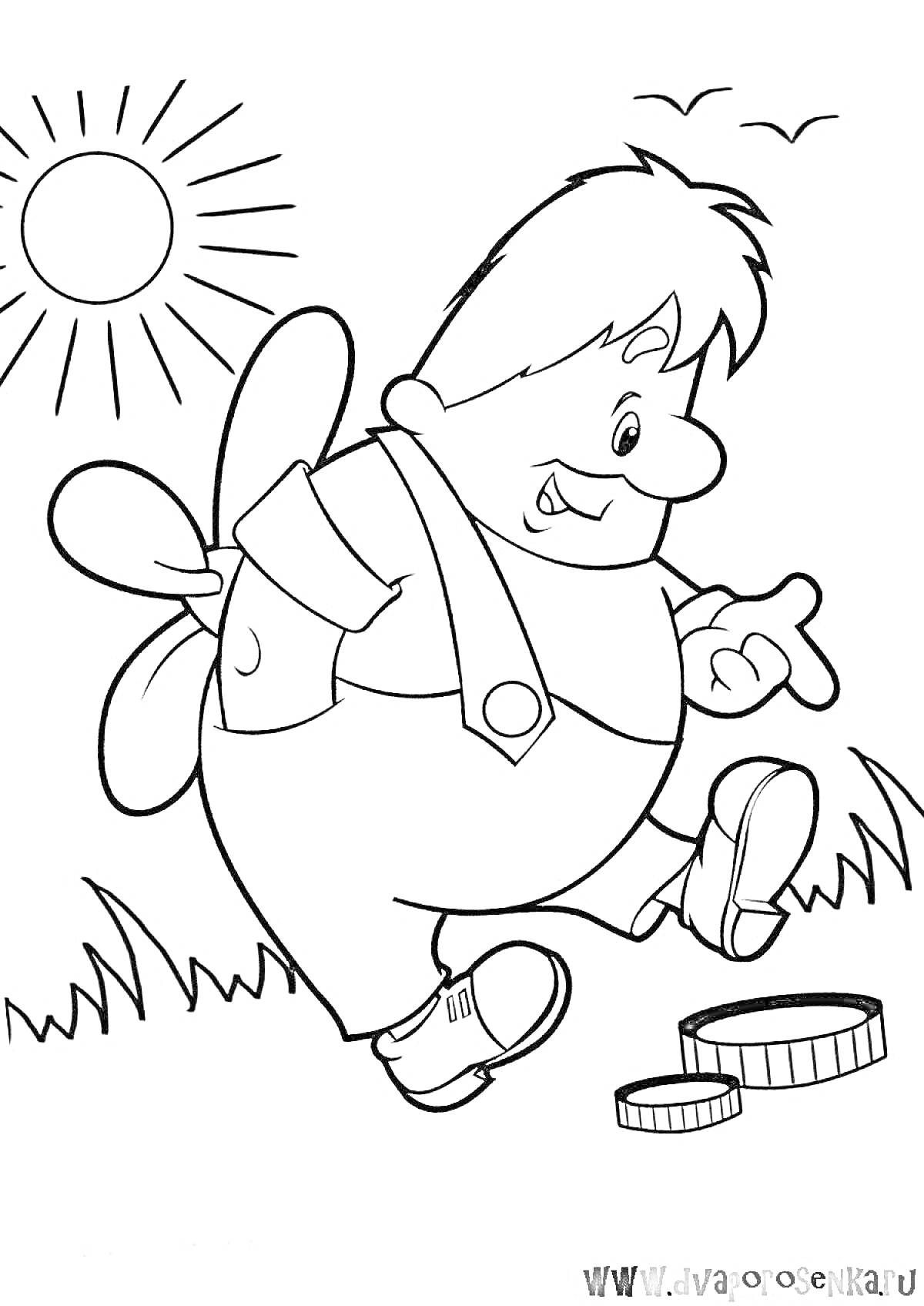 Раскраска Мальчик с пропеллером на спине гуляет по траве под солнцем и небе с облаками и птицами, рядом лежат каки-то предметы
