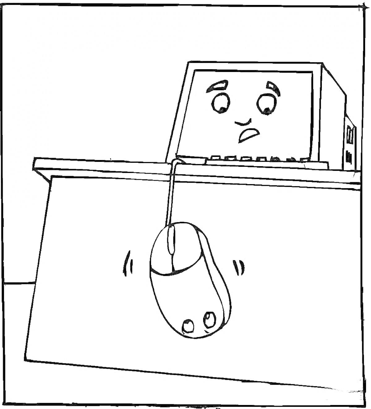 Раскраска Компьютерная мышь свисает с края стола, под столешницей находится монитор с выражением лица