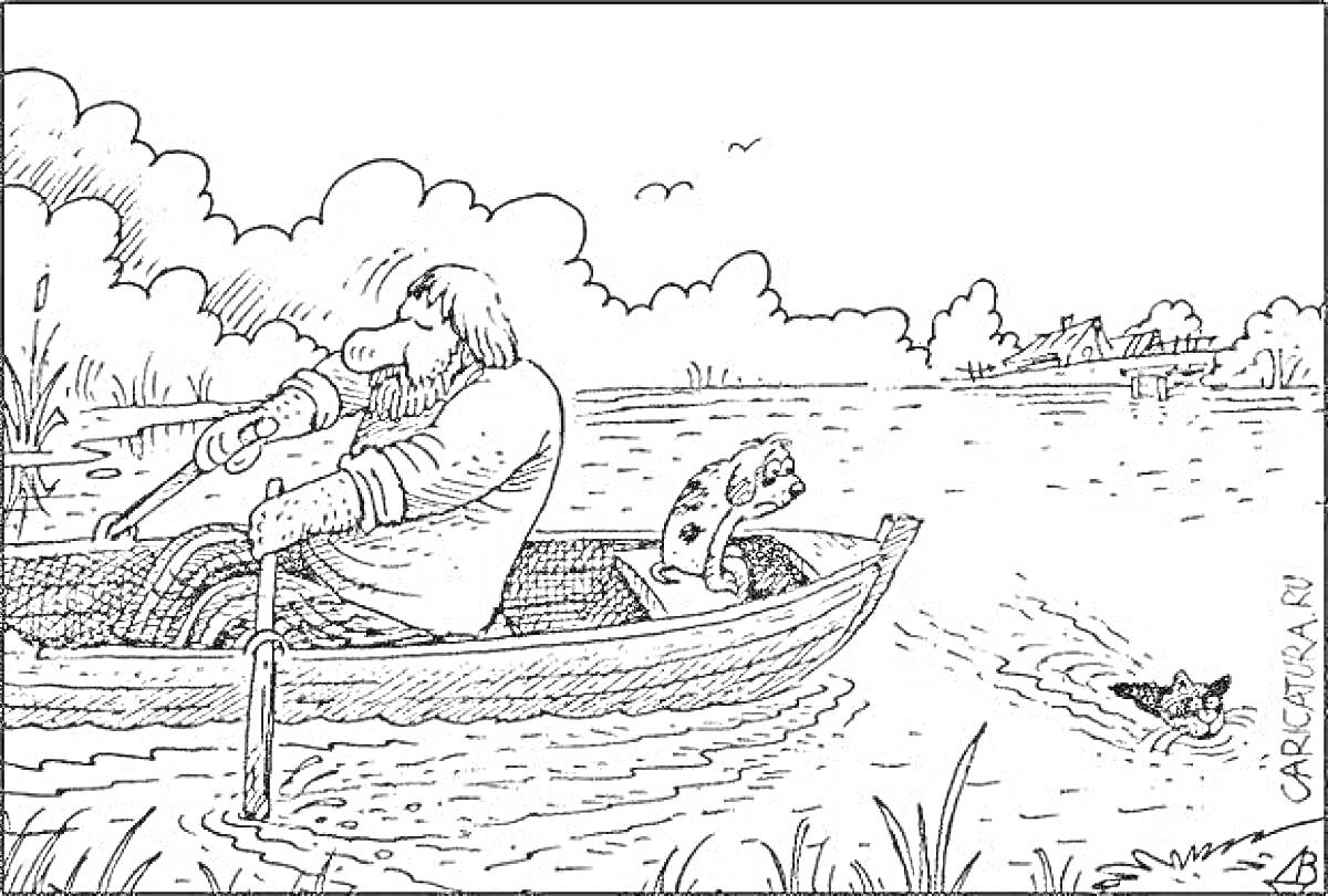 Мужчина гребет веслами в лодке с собакой, собака плывет в воде