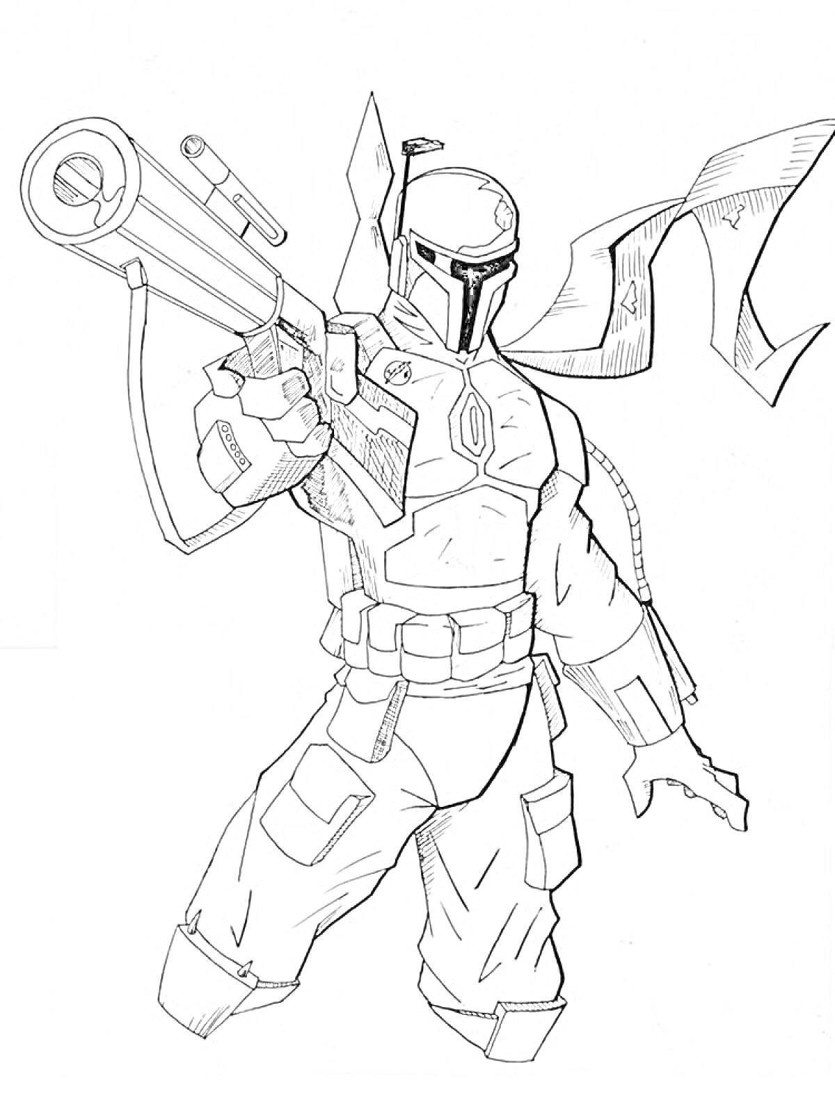 Раскраска Воин в шлеме и броне с оружием и развевающимся накидкой