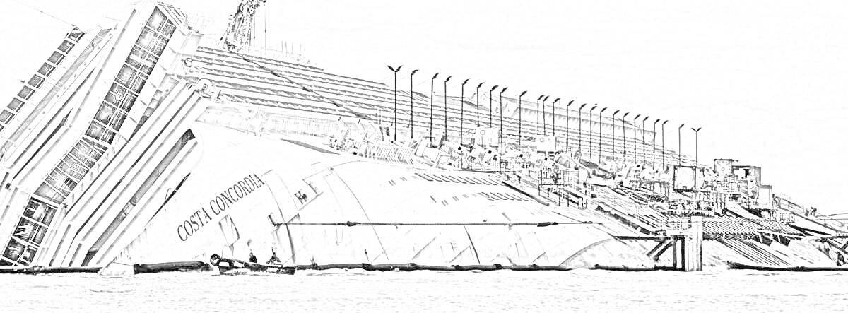 На раскраске изображено: Круизный лайнер, Кораблекрушение, Спасательные работы, Побережье, Корабль, Море, Вода