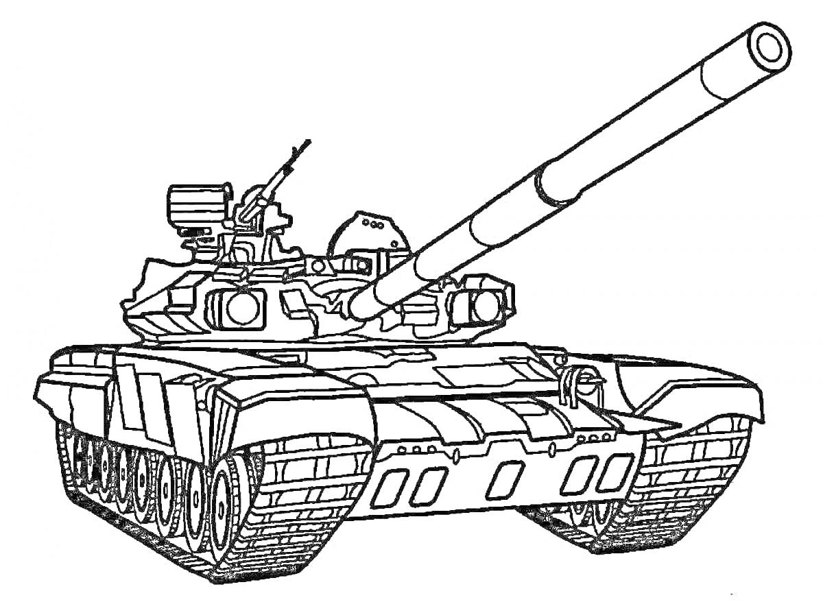 Раскраска Танковая раскраска с крупнокалиберной пушкой, верхним пулеметом и детализацией корпуса