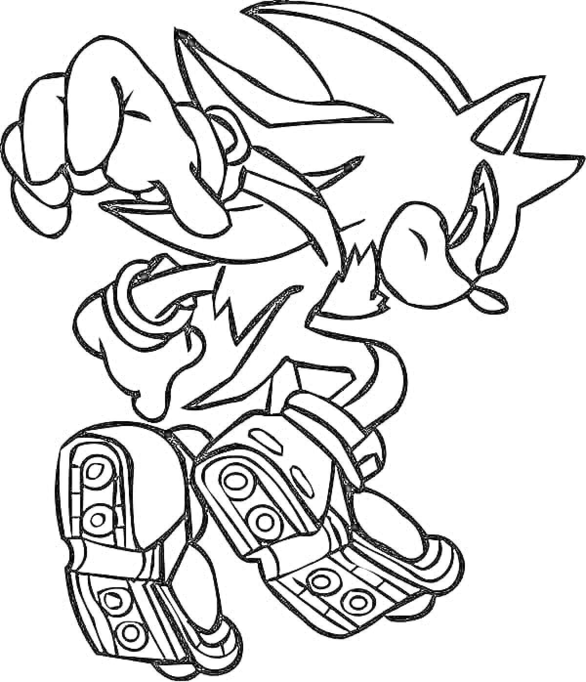 Раскраска Соник Шэдоу на скачке с вытянутой рукой и согнутой ногой, большие ботинки с ремешками