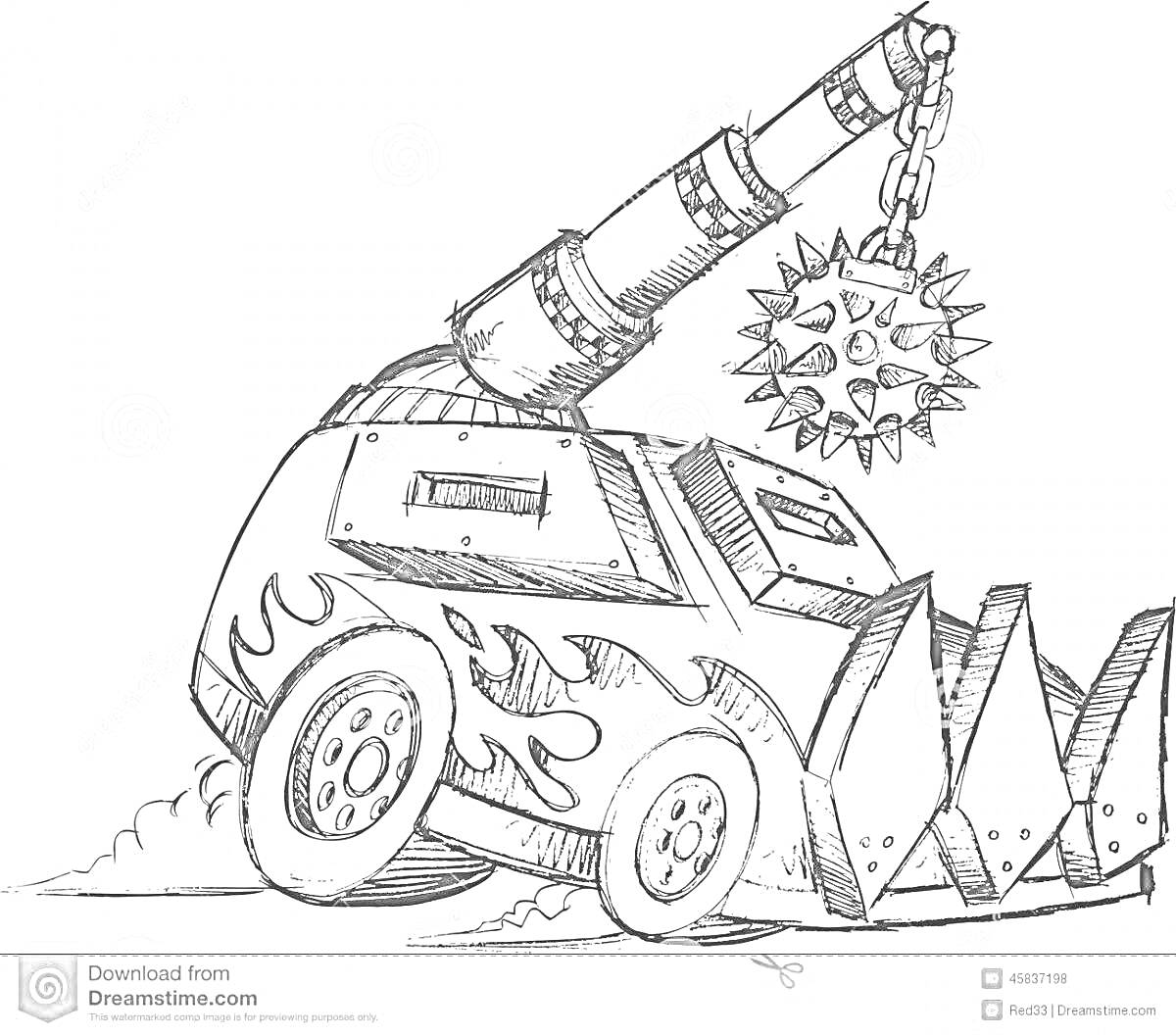 Раскраска Машина арена вар с пушечной башней, огненными узорами, цепью и шипастым шаром, зубчатым передним бампером