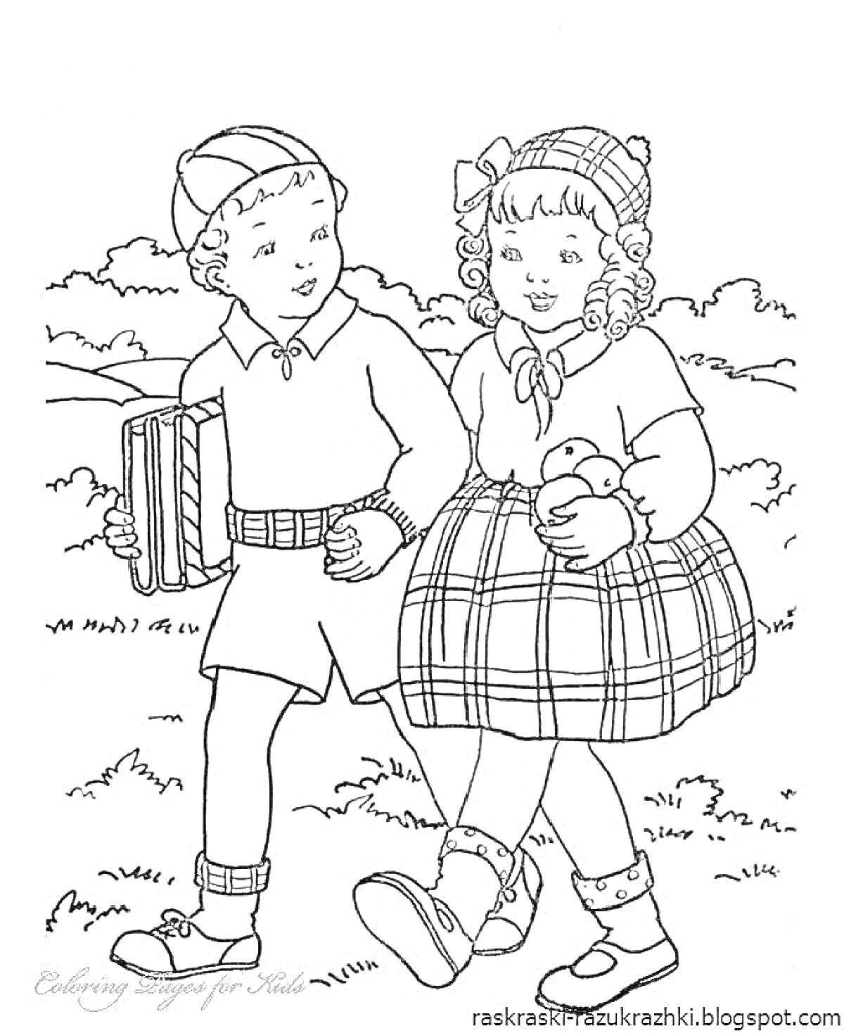 Раскраска Мальчик и девочка с книгами и яблоком на прогулке