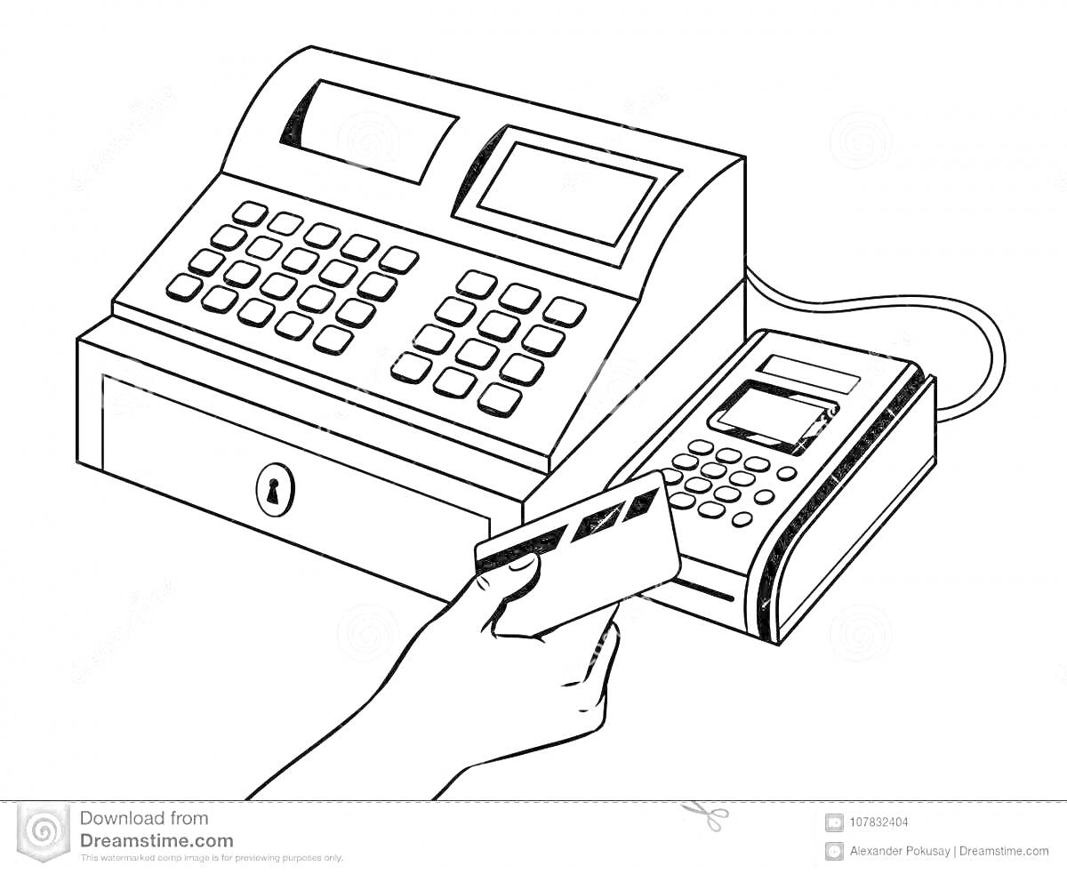 Раскраска Кассовый аппарат с терминалом и рукой с кредитной картой