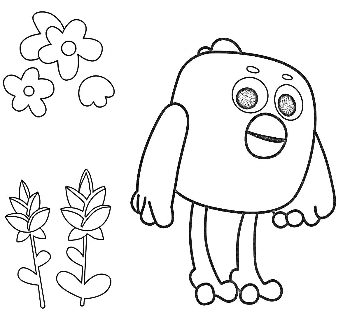 На раскраске изображено: Мимимишки, Для детей, 3-4 года, Цветы, Из мультфильмов, Развивающие