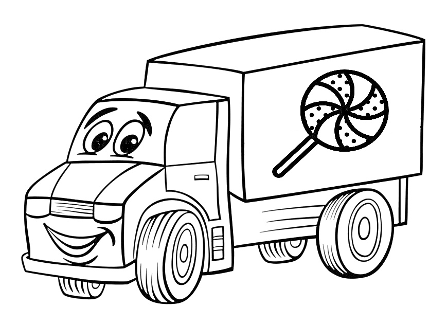 Грузовик с изображением леденца на кузове. Машина с улыбающейся лицевой панелью и большими круглыми колесами.