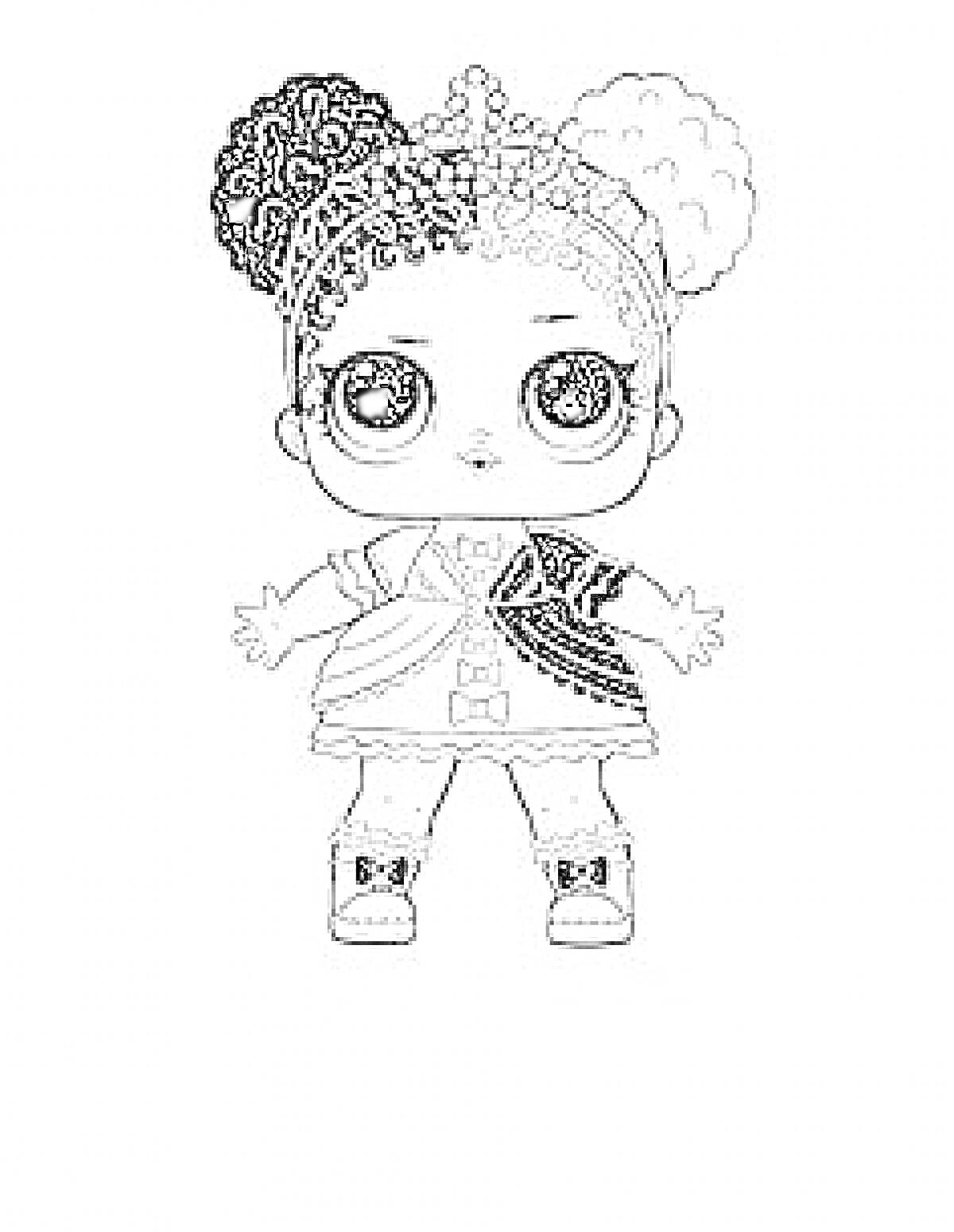 Раскраска Кукла Лол с большими глазами, двумя пучками на голове, тиарой, бантом и обувью