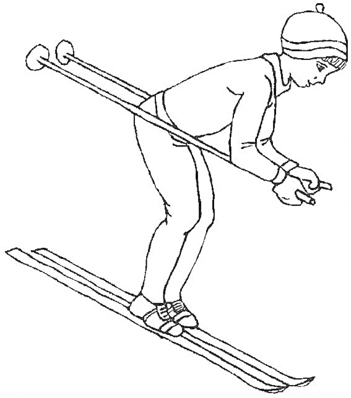 Раскраска Лыжник в шапке и одежде для зимнего спорта, в момент спуска со склона с лыжными палками в руках.