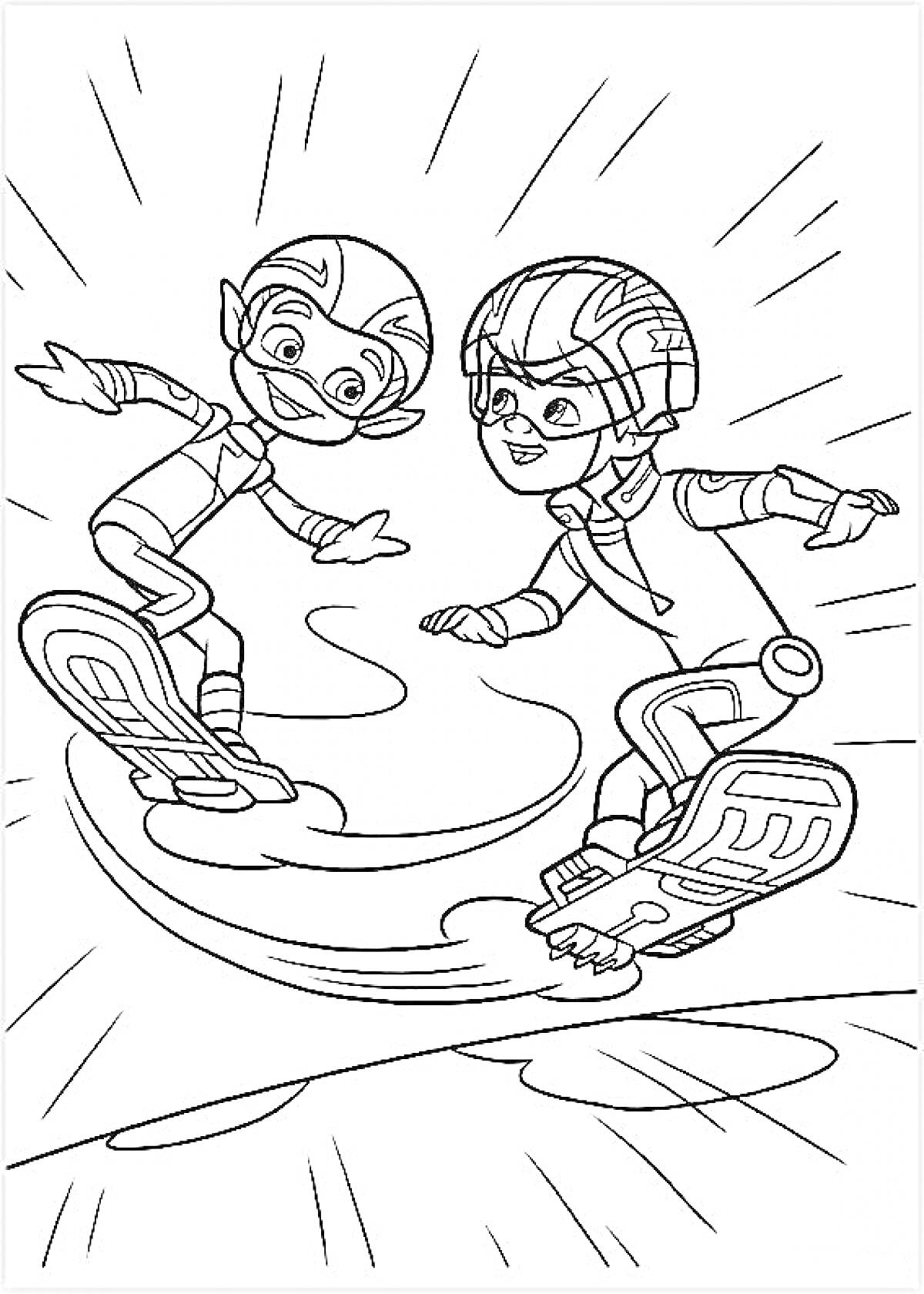 Раскраска Дети на летающих скейтбордах