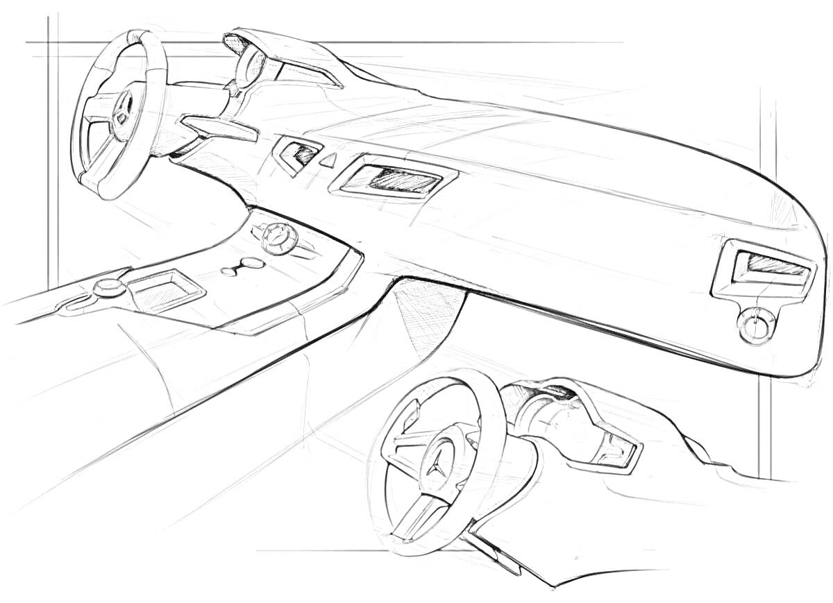 Раскраска Салон машины - рулевое колесо, приборная панель, дисплей, воздуховоды
