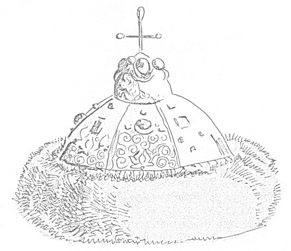 Раскраска Шапка Мономаха с меховой опушкой, крестом и декоративными элементами