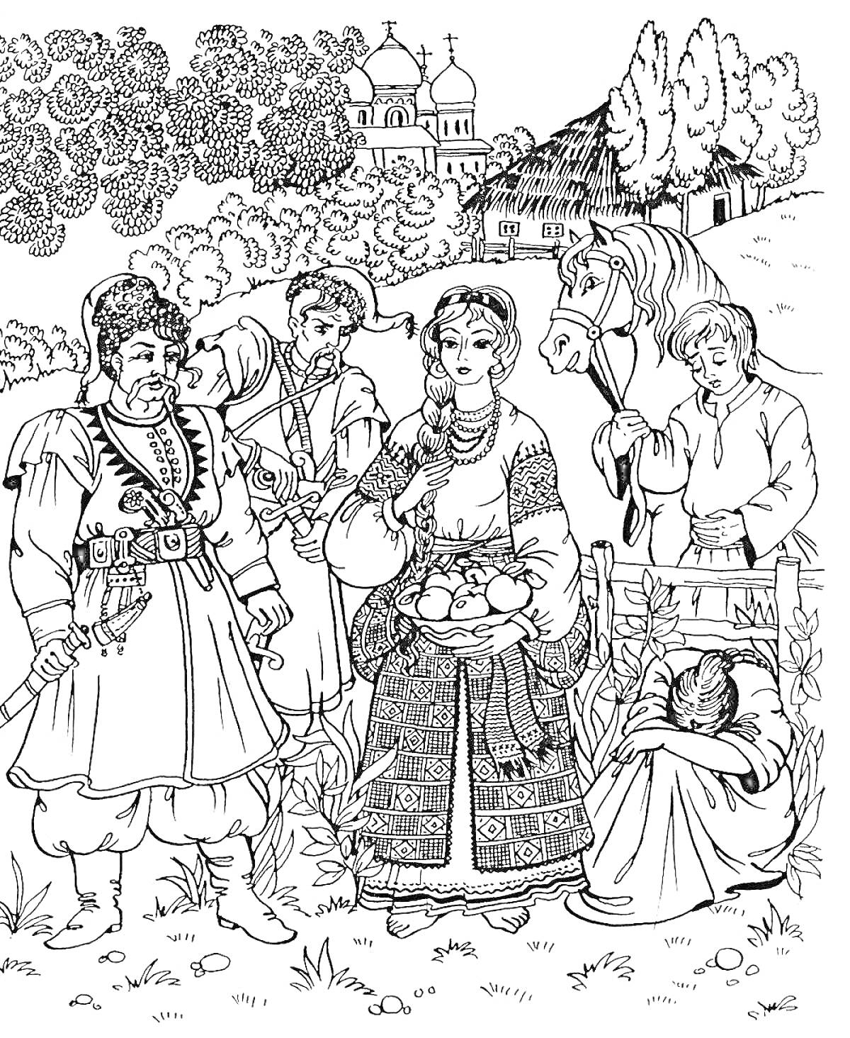 Раскраска Казак с саблей, женщина с хлебом, мальчик с лошадью, отдыхающий человек, деревья, церковь и дом на фоне
