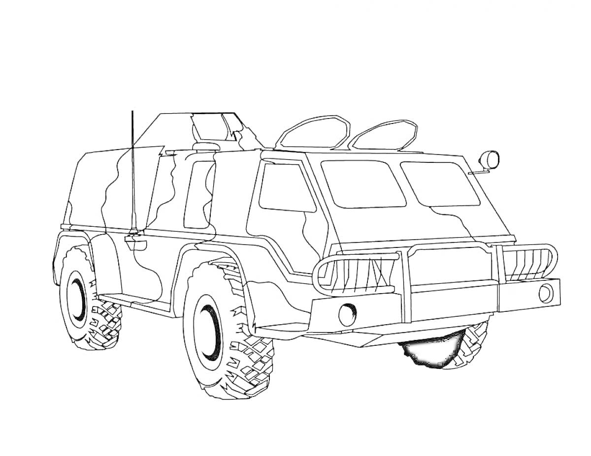 На раскраске изображено: Военный джип, Антенны, Внедорожник, Колёса, Броневик, Транспорт