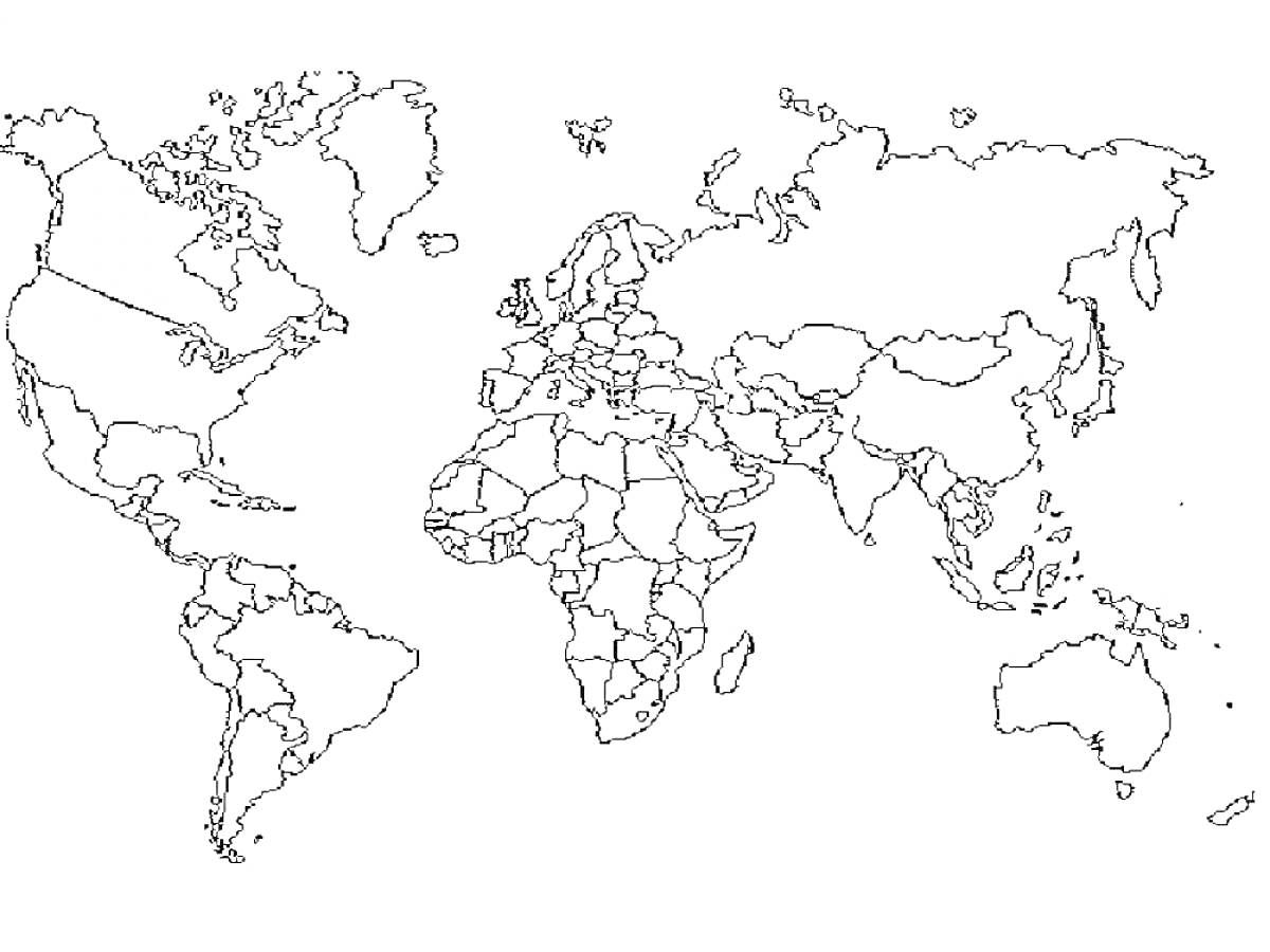 Раскраска Карта мира с обозначением континентов и стран, черно-белая раскраска