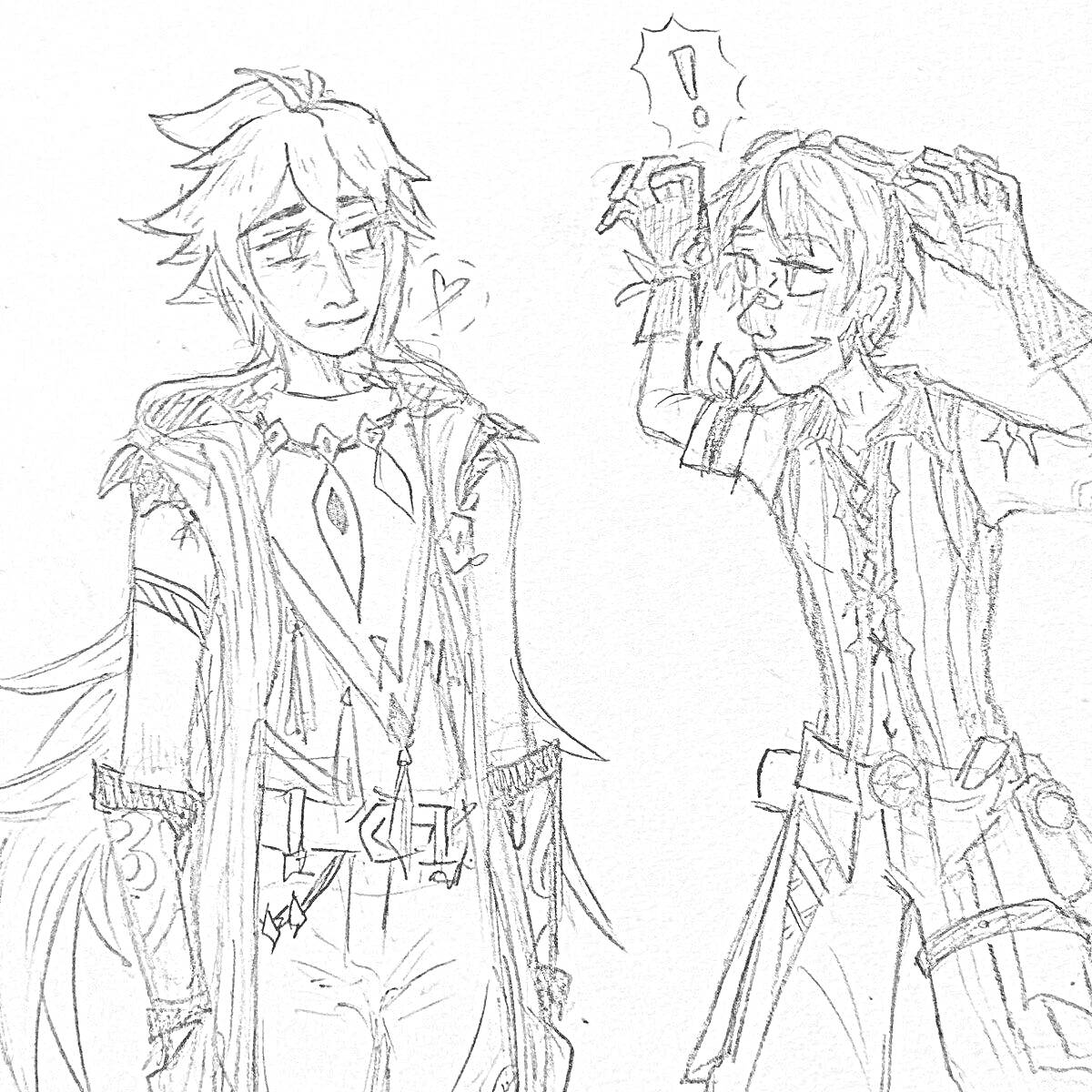 Раскраска Два персонажа Genshin Impact, один из них - Беннет, второй улыбается с эмоцией удивления