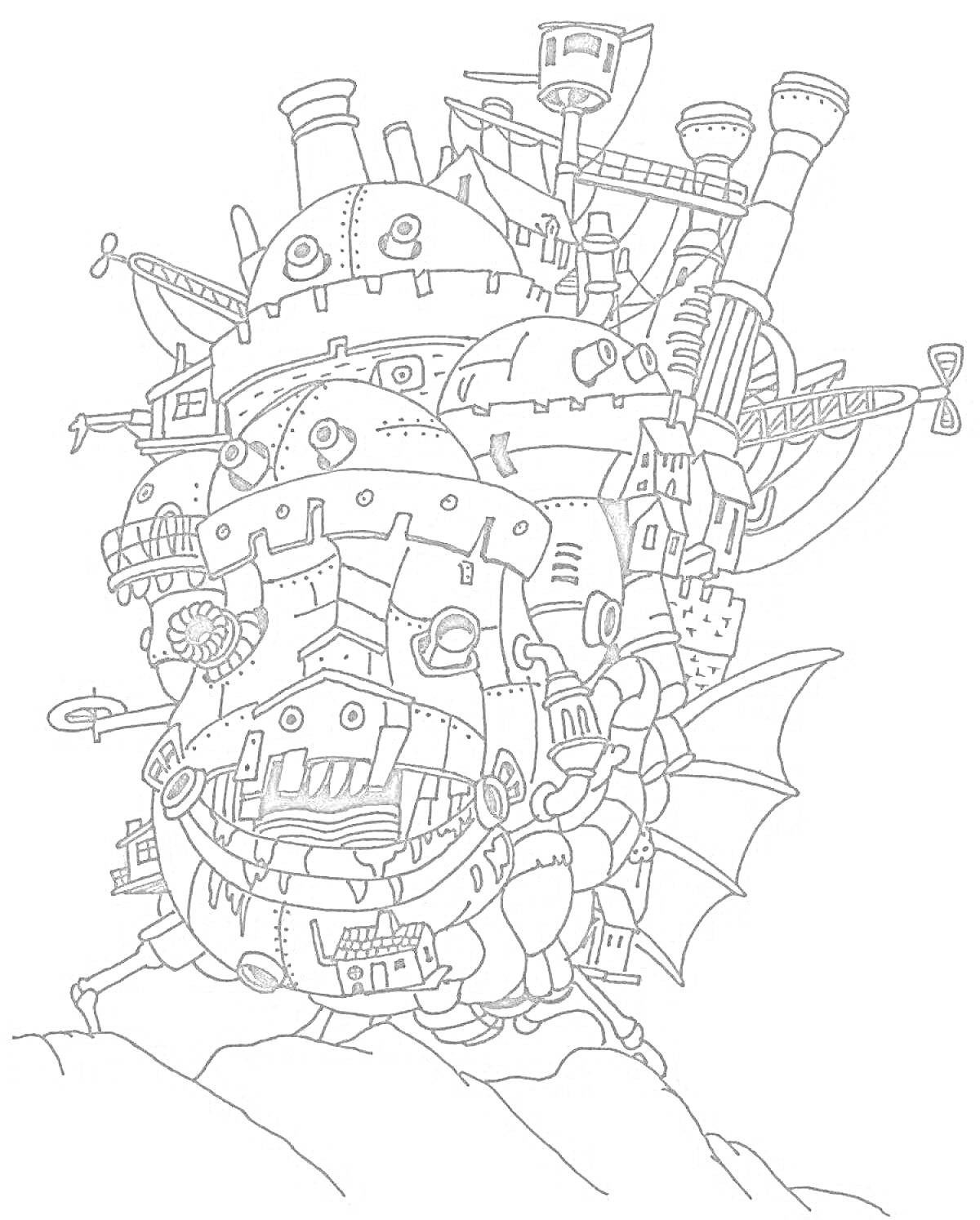 На раскраске изображено: Ходячий замок, Башни, Палубы, Окна, Механизмы, Фантастика, Аниме