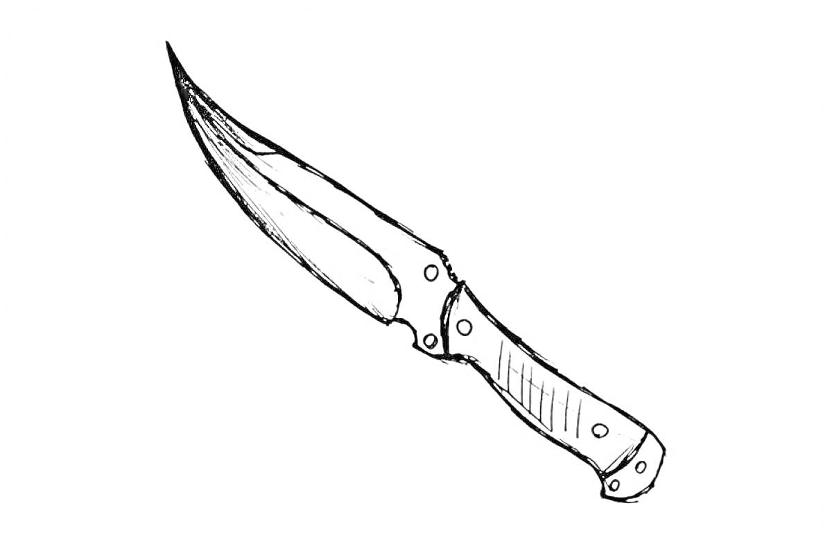 Раскраска рисунок ножа с изогнутым лезвием и ручкой с болтами.